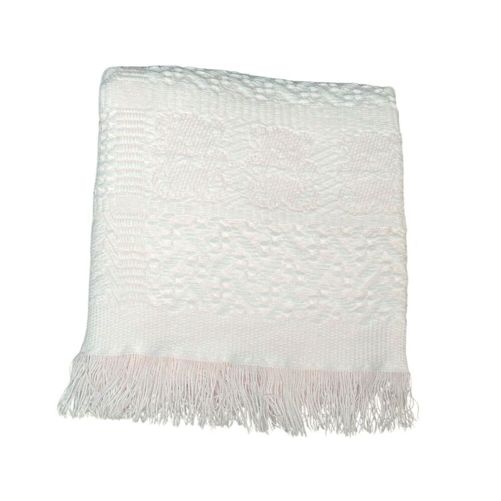Vintage Baby Blanket Pink White Acrylic Fringe Teddy Bears Fancy Weave Japan